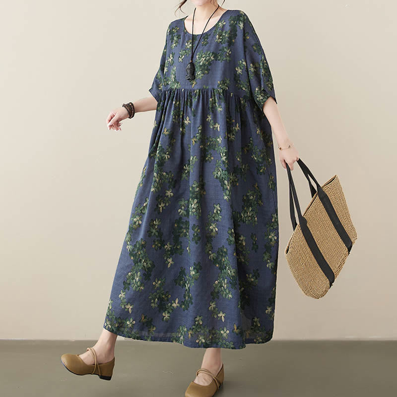 Buddha Stones Blue Brown Flowers Midi Dress Cotton Half Sleeve Tunic Dress With Pockets - image 1