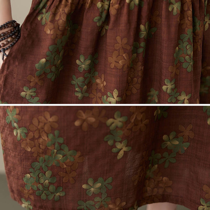 Buddha Stones Blue Brown Flowers Midi Dress Cotton Half Sleeve Tunic Dress With Pockets - image 17