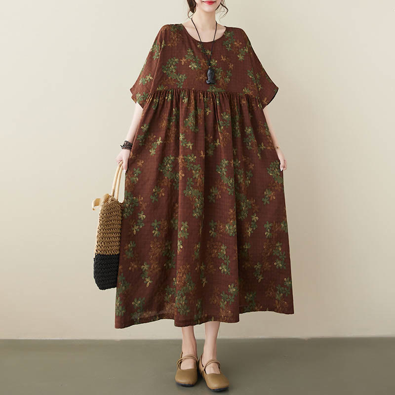 Buddha Stones Blue Brown Flowers Midi Dress Cotton Half Sleeve Tunic Dress With Pockets - image 15
