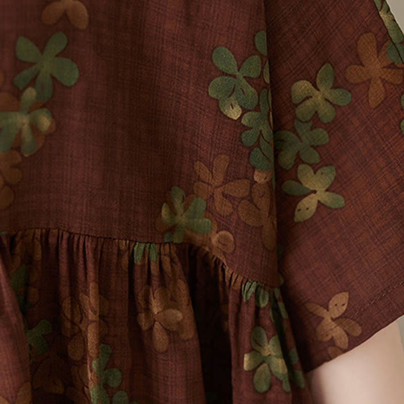 Buddha Stones Blue Brown Flowers Midi Dress Cotton Half Sleeve Tunic Dress With Pockets - image 18