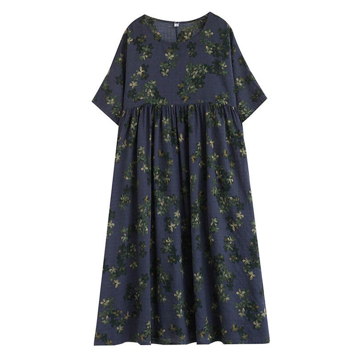 Buddha Stones Blue Brown Flowers Midi Dress Cotton Half Sleeve Tunic Dress With Pockets - image 10
