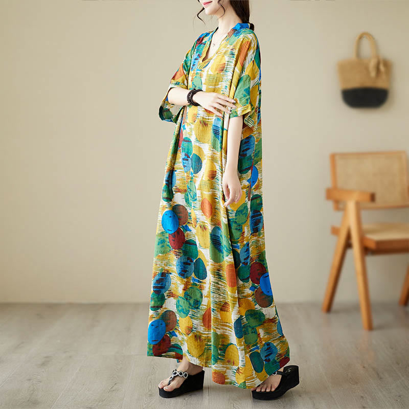 Buddha Stones Orange Blue Colorful Polka Dots Midi Dress Cotton Half Sleeve Dress With Pockets - image 1