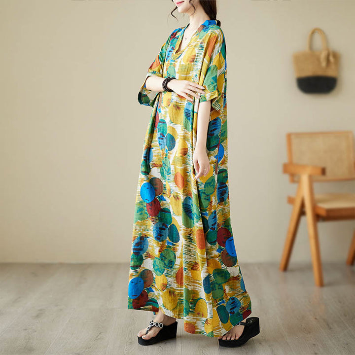 Buddha Stones Orange Blue Colorful Polka Dots Midi Dress Cotton Half Sleeve Dress With Pockets - image 1