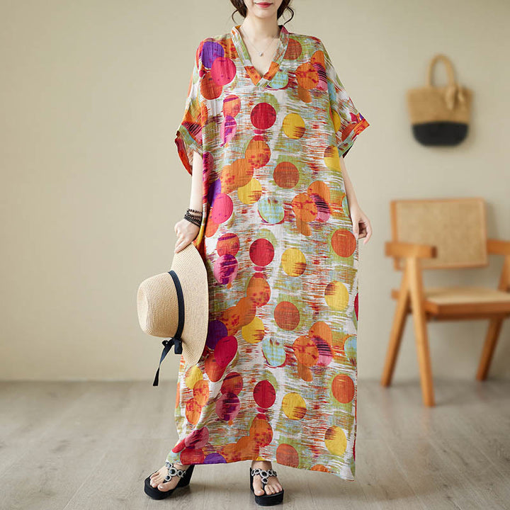 Buddha Stones Orange Blue Colorful Polka Dots Midi Dress Cotton Half Sleeve Dress With Pockets - Orange(Dress Only) - F(Bust 158cm/Hem 158cm/Length 133cm) - image 9