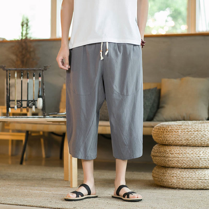 Buddha Stones Solid Color Mid-Length Wide Leg Pants Cotton Men's Wide Leg Pants With Pockets