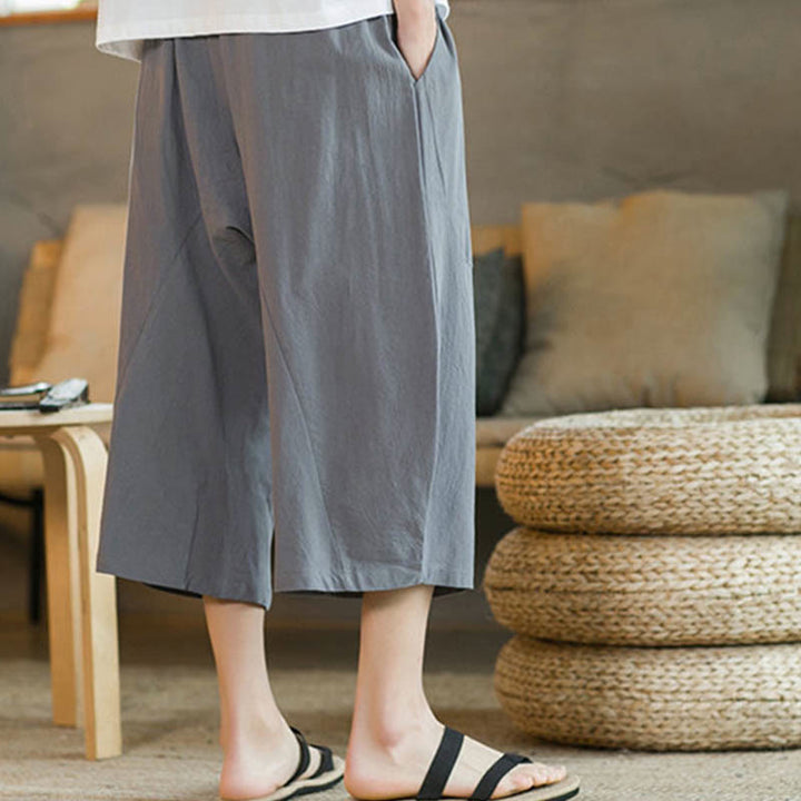 Buddha Stones Solid Color Mid-Length Wide Leg Pants Cotton Men's Wide Leg Pants With Pockets