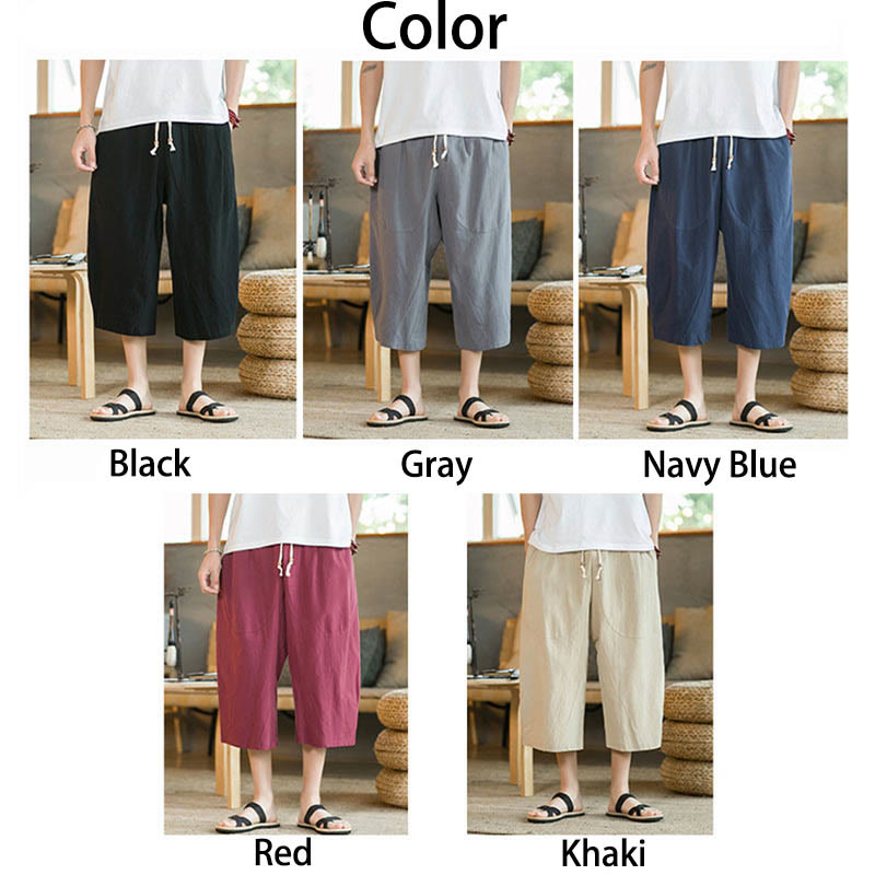 Buddha Stones Solid Color Mid-Length Wide Leg Pants Cotton Men's Wide Leg Pants With Pockets - image 12