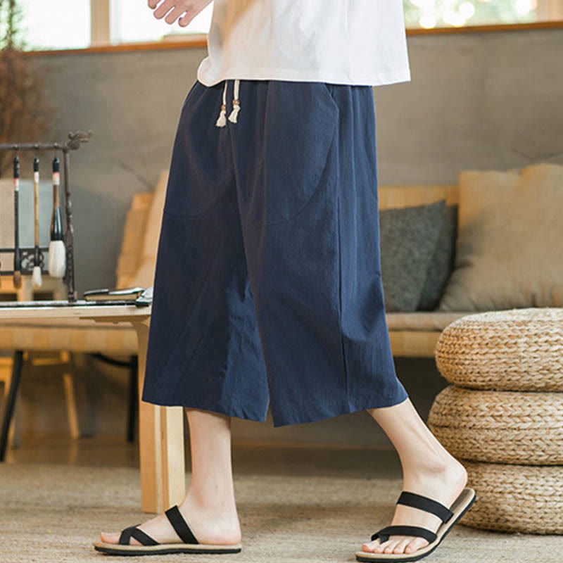 Buddha Stones Solid Color Mid-Length Wide Leg Pants Cotton Men's Wide Leg Pants With Pockets - image 26