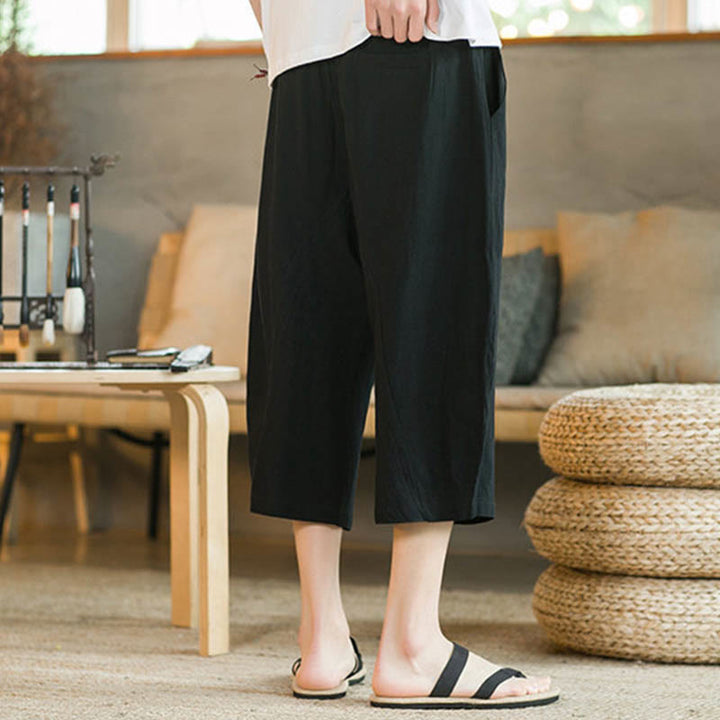 Buddha Stones Solid Color Mid-Length Wide Leg Pants Cotton Men's Wide Leg Pants With Pockets