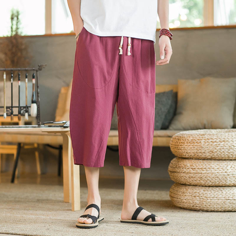 Buddha Stones Solid Color Mid-Length Wide Leg Pants Cotton Men's Wide Leg Pants With Pockets