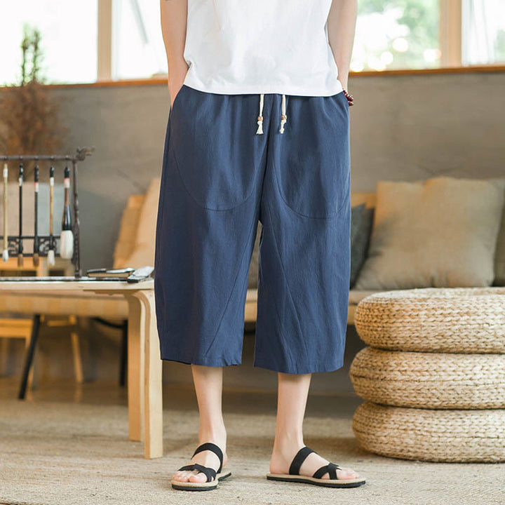 Buddha Stones Solid Color Mid-Length Wide Leg Pants Cotton Men's Wide Leg Pants With Pockets