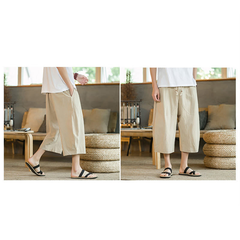 Buddha Stones Solid Color Mid-Length Wide Leg Pants Cotton Men's Wide Leg Pants With Pockets - image 20