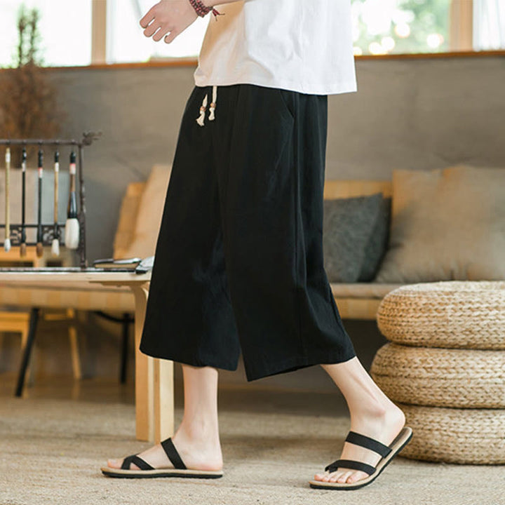Buddha Stones Solid Color Mid-Length Wide Leg Pants Cotton Men's Wide Leg Pants With Pockets - image 4