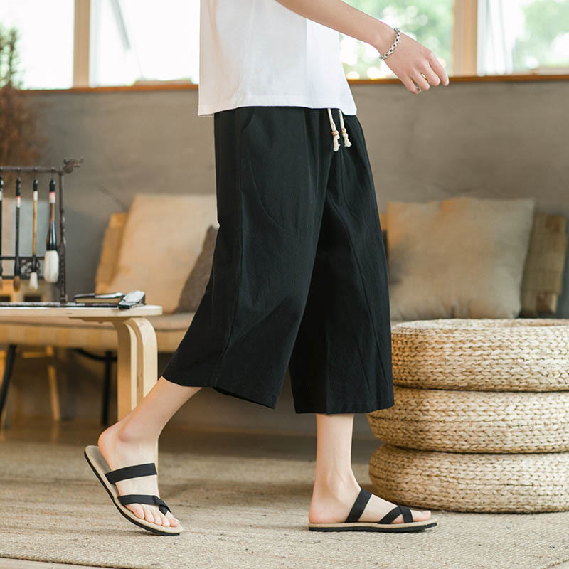 Buddha Stones Solid Color Mid-length Linen Men's Wide Leg Pants With Pockets - Black - US/UK/AU46，EU56 (5XL) - image 1