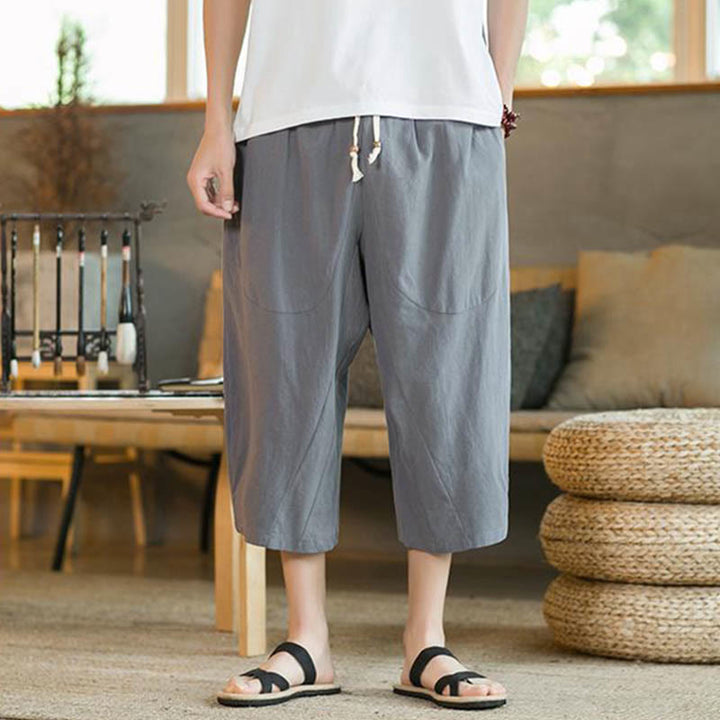 Buddha Stones Solid Color Mid-length Linen Men's Wide Leg Pants With Pockets