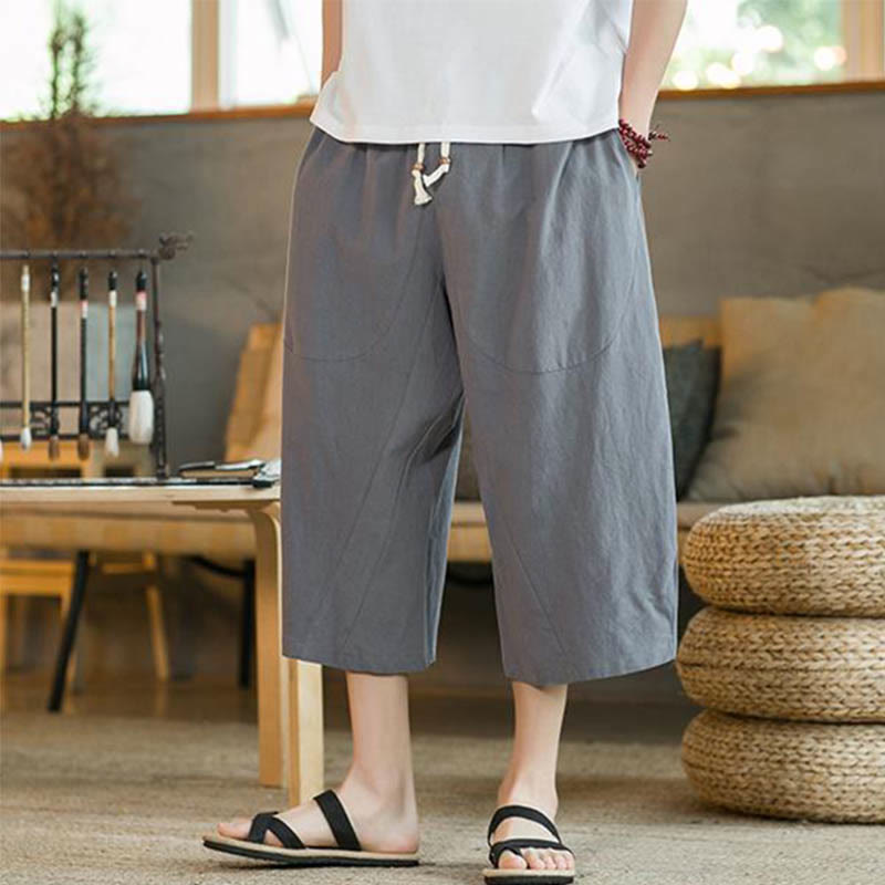 Buddha Stones Solid Color Mid-length Linen Men's Wide Leg Pants With Pockets