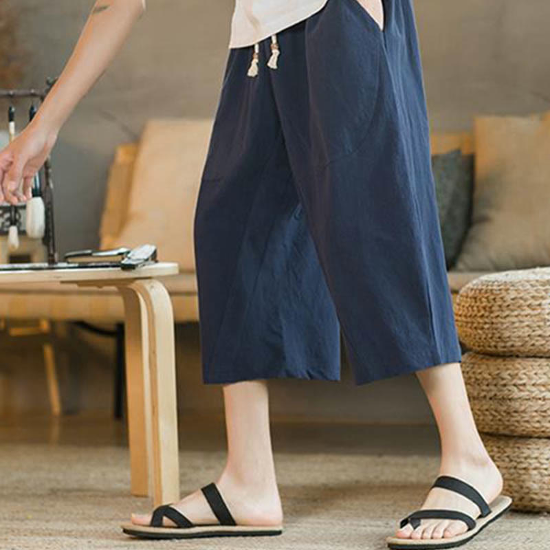 Buddha Stones Solid Color Mid-length Linen Men's Wide Leg Pants With Pockets - image 11
