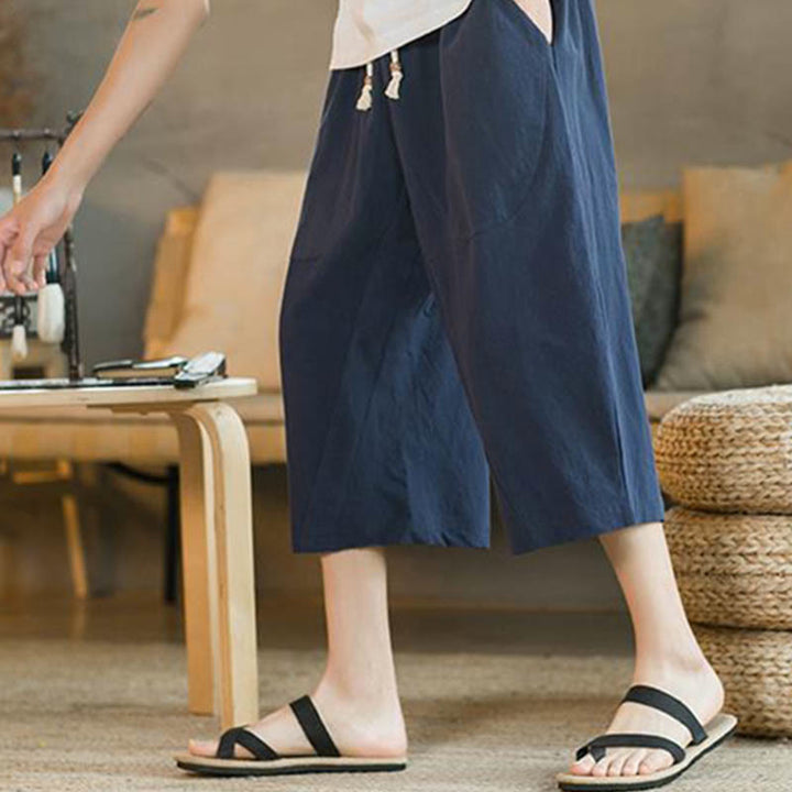 Buddha Stones Solid Color Mid-length Linen Men's Wide Leg Pants With Pockets - image 11