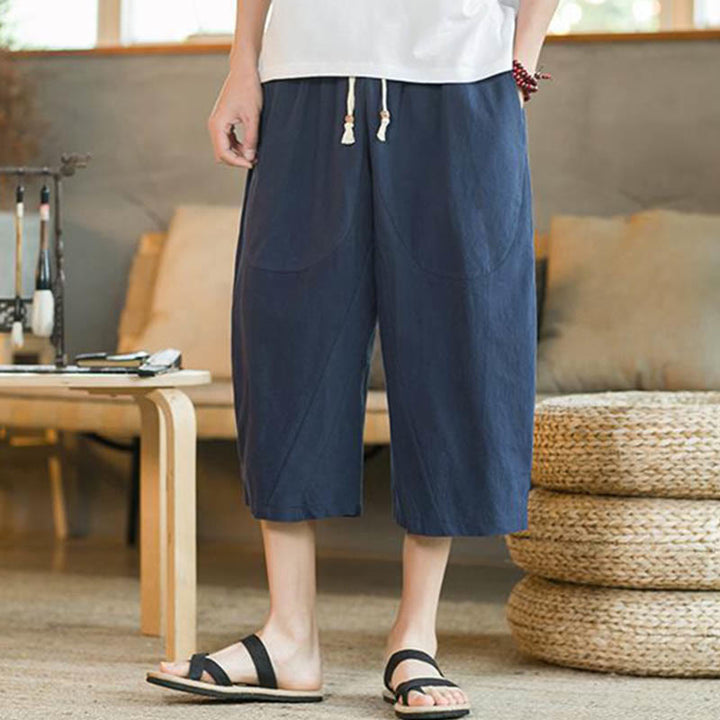 Buddha Stones Solid Color Mid-length Linen Men's Wide Leg Pants With Pockets - image 13
