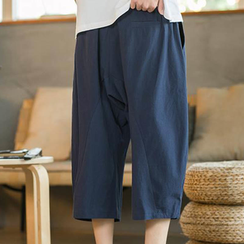 Buddha Stones Solid Color Mid-length Linen Men's Wide Leg Pants With Pockets