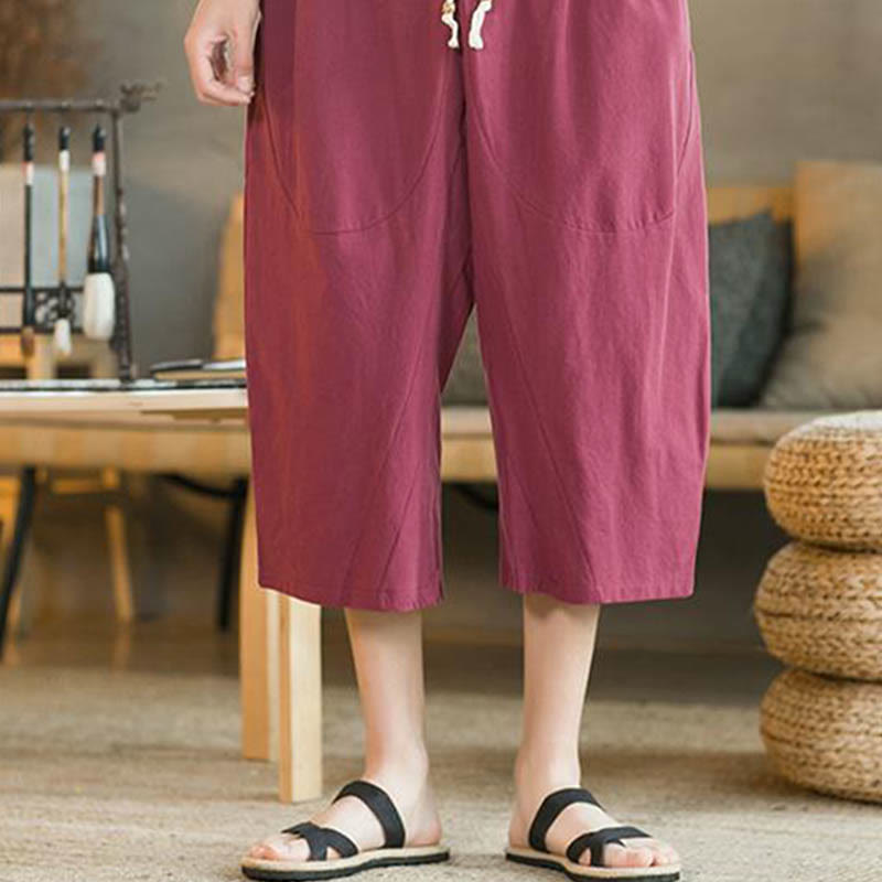 Buddha Stones Solid Color Mid-length Linen Men's Wide Leg Pants With Pockets - image 21