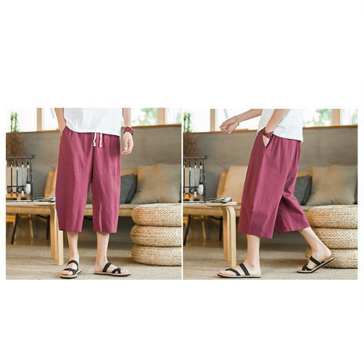 Buddha Stones Solid Color Mid-length Linen Men's Wide Leg Pants With Pockets - image 24