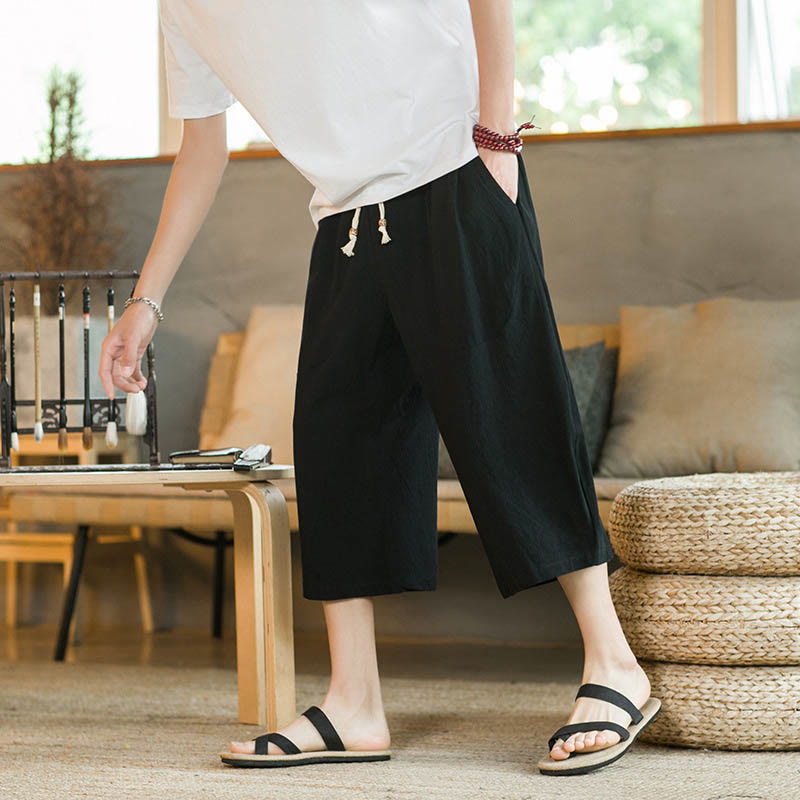 Buddha Stones Solid Color Mid-length Linen Men's Wide Leg Pants With Pockets - image 2