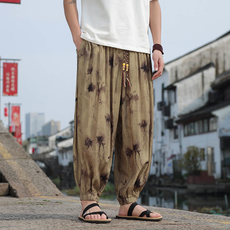 Buddha Stones Leaf Pattern Loose Men's Harem Pants With Pockets - Khaki - US/UK/AU46，EU56 (5XL)  - image 0