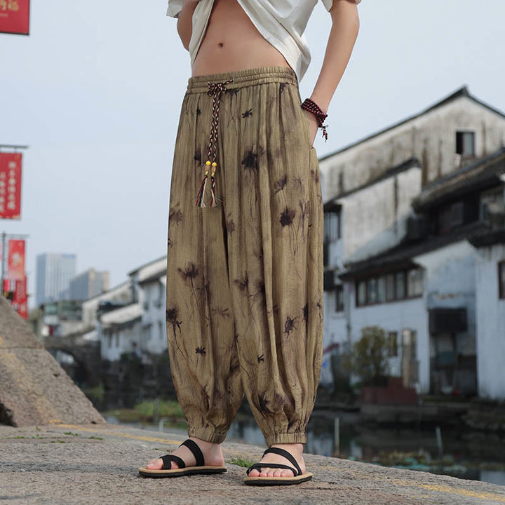 Buddha Stones Leaf Pattern Loose Men's Harem Pants With Pockets - image 6