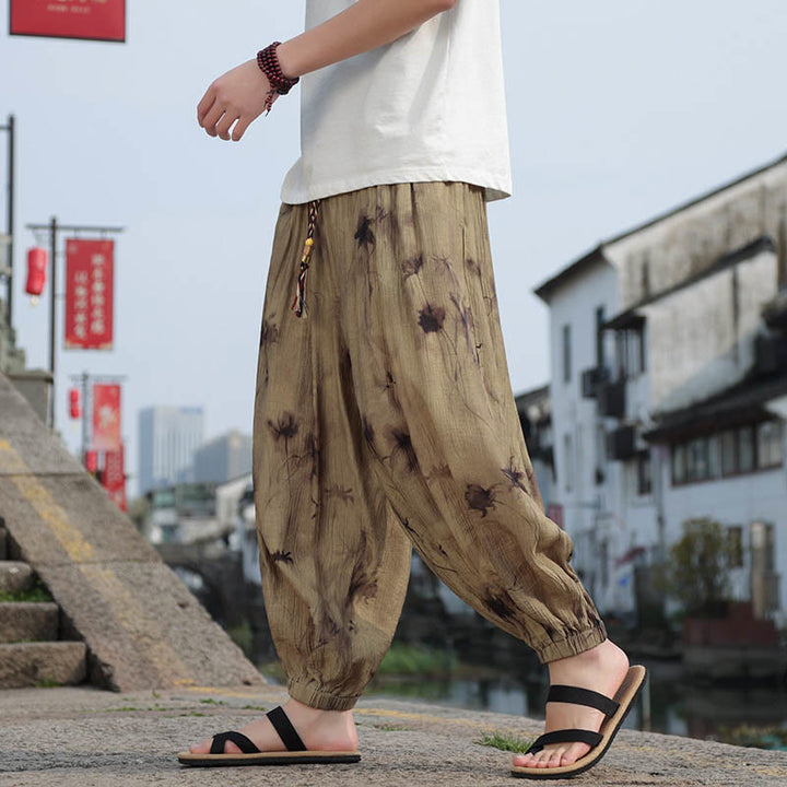 Buddha Stones Leaf Pattern Loose Men's Harem Pants With Pockets