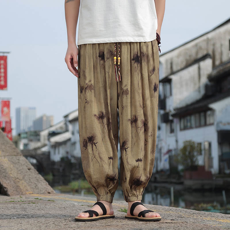 Buddha Stones Leaf Pattern Loose Men's Harem Pants With Pockets - image 1