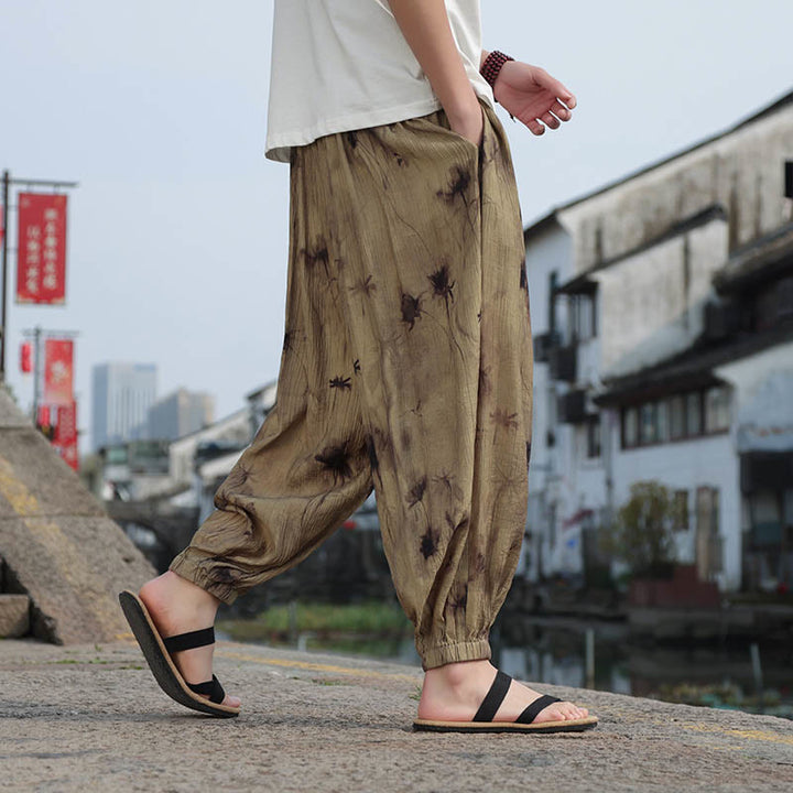 Buddha Stones Leaf Pattern Loose Men's Harem Pants With Pockets