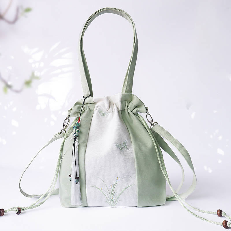 Buddha Stones Embroidered Grass Flowers Cherry Blossom Canvas Tote Crossbody Bag Shoulder Bag Handbag - Green White Grass Triple Patchwork 28*30cm - image 7