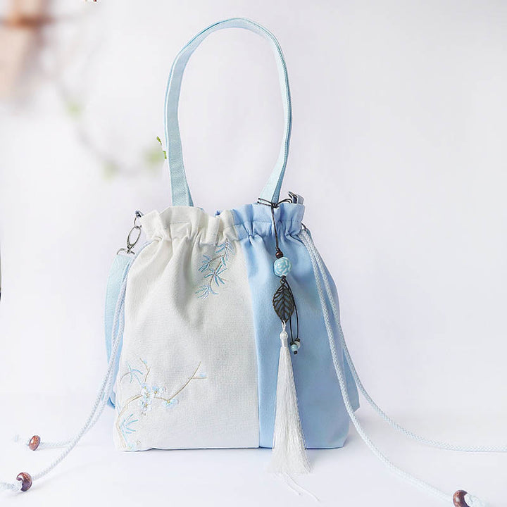 Buddha Stones Embroidered Grass Flowers Cherry Blossom Canvas Tote Crossbody Bag Shoulder Bag Handbag - Light Blue White 28*30cm - image 12