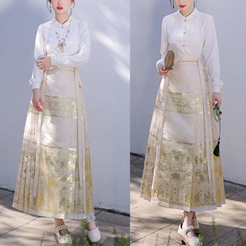 Buddha Stones Chinese Hanfu Beige Elephant Printed Horse Face Skirt Mamianqun