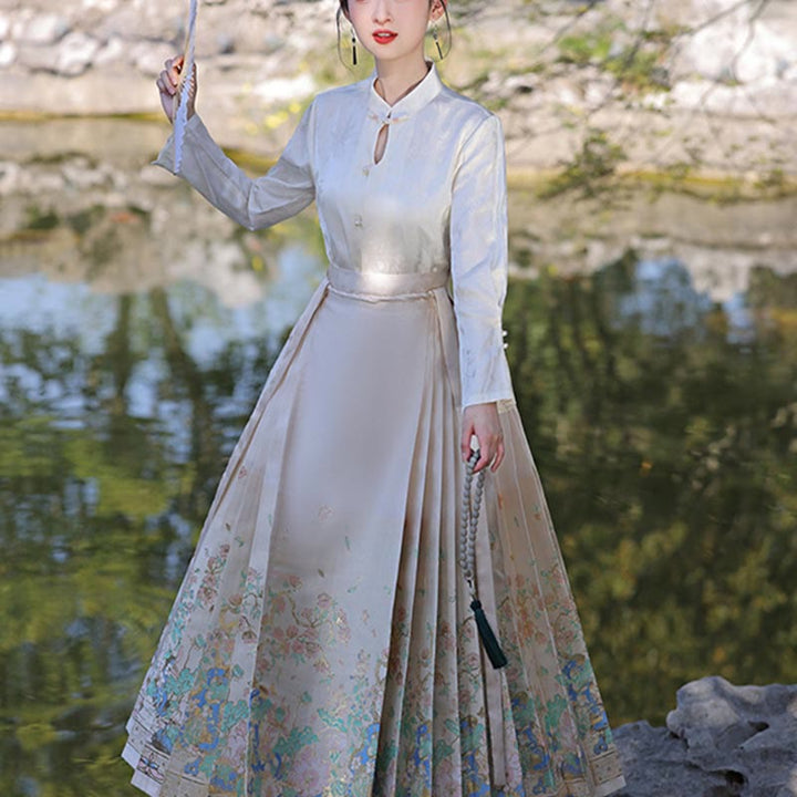 Buddha Stones Beige Summer Lotus Flowers Pond Printed Chinese Hanfu Horse Face Skirt Mamianqun