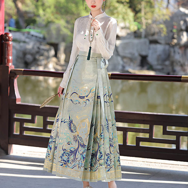 Buddha Stones Green Phoenix Printed Chinese Hanfu Horse Face Skirt Mamianqun