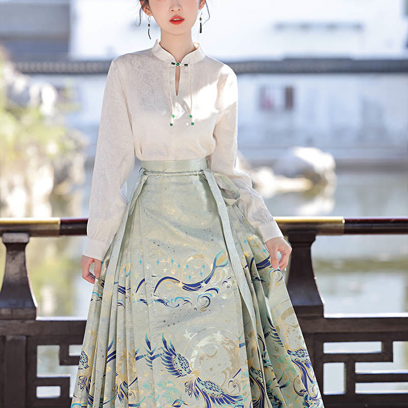 Buddha Stones Green Phoenix Printed Chinese Hanfu Horse Face Skirt Mamianqun