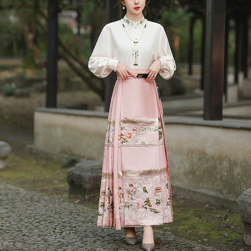 Buddha Stones Chinese Hanfu Pink Peach Garden Printed Horse Face Skirt Mamianqun