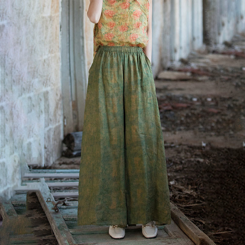 Buddha Stones Green Yellow Ramie Linen Flexible Waistband Wide Leg Pants With Pockets