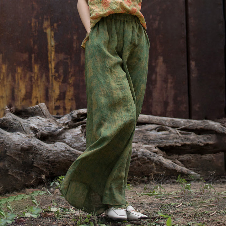 Buddha Stones Green Yellow Ramie Linen Flexible Waistband Wide Leg Pants With Pockets