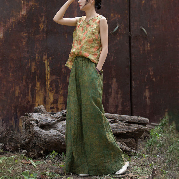 Buddha Stones Green Yellow Ramie Linen Flexible Waistband Wide Leg Pants With Pockets