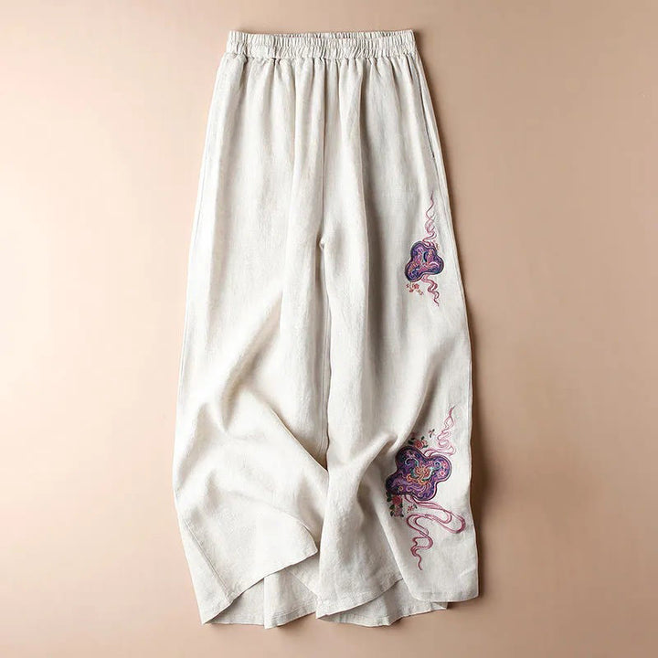 Buddha Stones Women Casual Loose Cotton Linen Embroidery Wide Leg Pants With Pockets