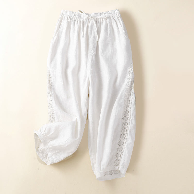 Buddha Stones Solid Color Flower Loose Drawstring Harem Pants With Pockets - White - US8-10，UK/AU12-14，EU40-42 (2XL) - image 9