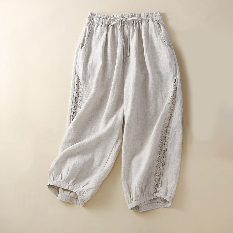 Buddha Stones Solid Color Flower Loose Drawstring Harem Pants With Pockets - Beige - US8-10，UK/AU12-14，EU40-42 (2XL) - image 0