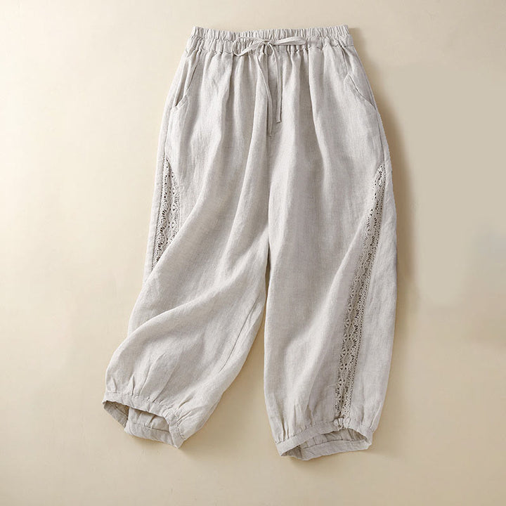 Buddha Stones Solid Color Flower Loose Drawstring Harem Pants With Pockets - Beige - US8-10，UK/AU12-14，EU40-42 (2XL) - image 0