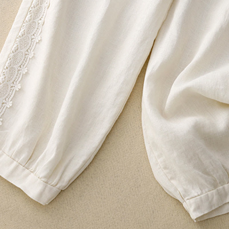 Buddha Stones Solid Color Lace Spliced Elastic Waist Harem Pants With Pockets