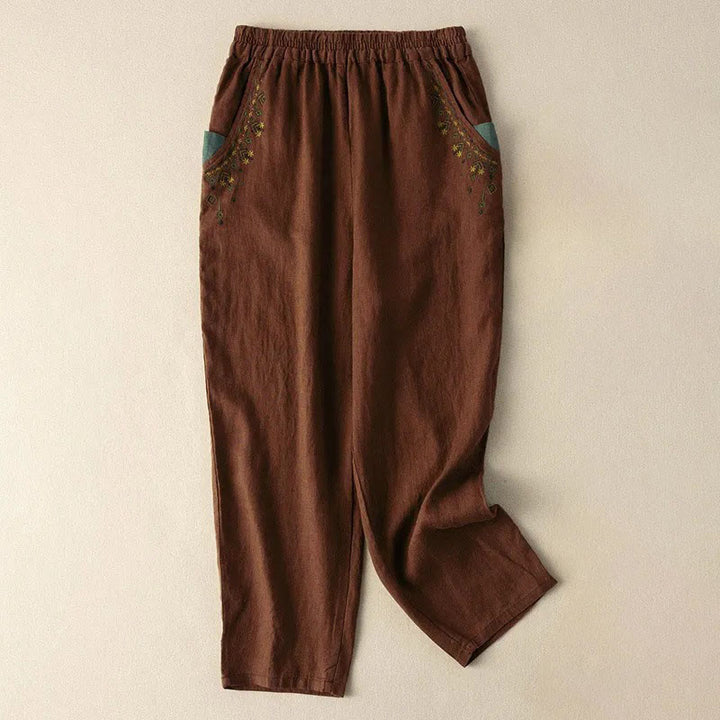 Buddha Stones Vintage Embroidery Elastic Waist Capri Harem Pants With Pockets