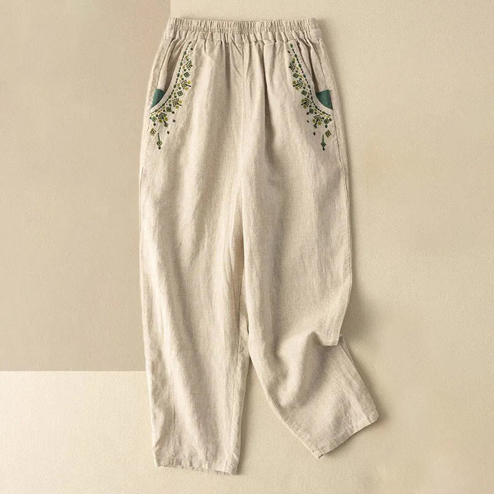 Buddha Stones Vintage Embroidery Elastic Waist Capri Harem Pants With Pockets
