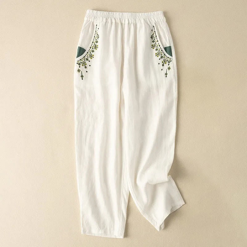 Buddha Stones Vintage Embroidery Elastic Waist Capri Harem Pants With Pockets